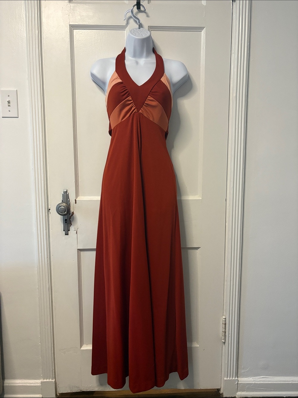 Vintage 70s Boho Rust Halter Maxi Dress with Peach Bust Panels